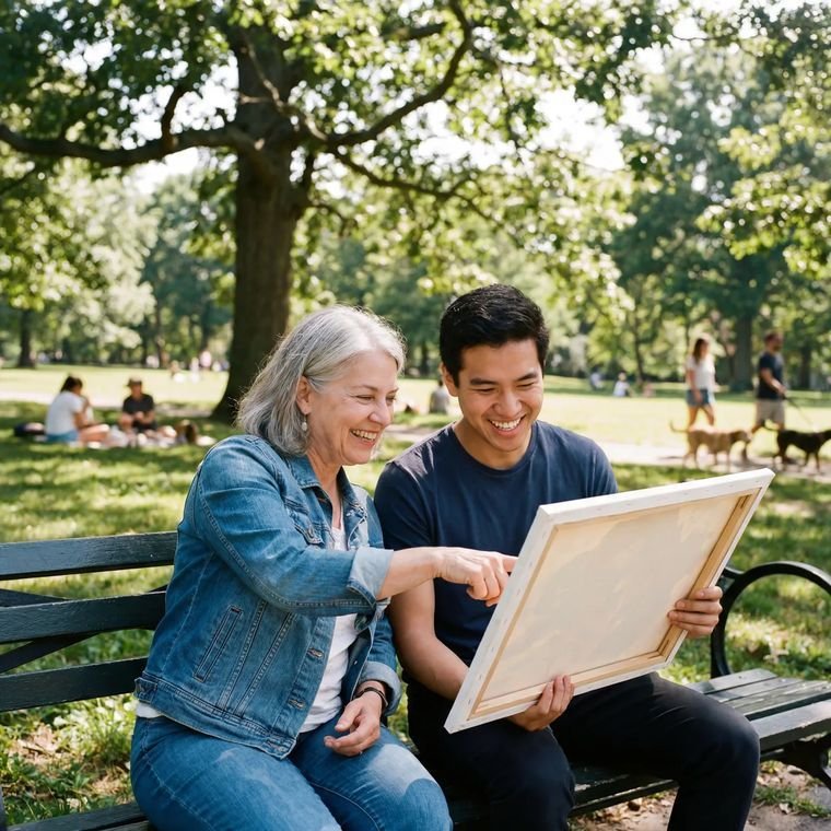 A mentor and student with a blank canvas in the park