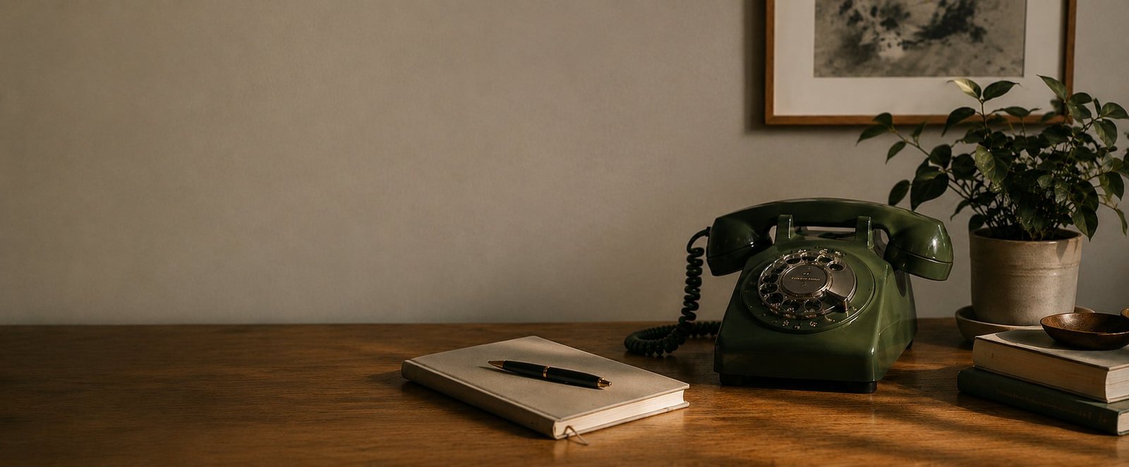 A rotary telephone, notebook, and pen on a wooden desk in warm light