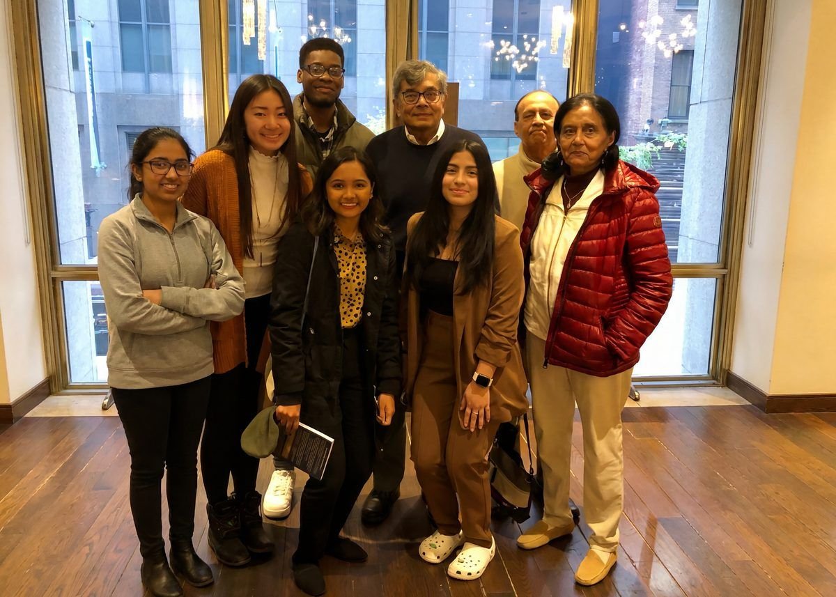 First cohort of scholarship recipients, 2022. Back: Kayla Hua, Richie Magaribi, Pravin Shah, Sateesh Babu. Front: Elizabeth Persaud-Pooran, Leslie Bustamante, Deena Shah
