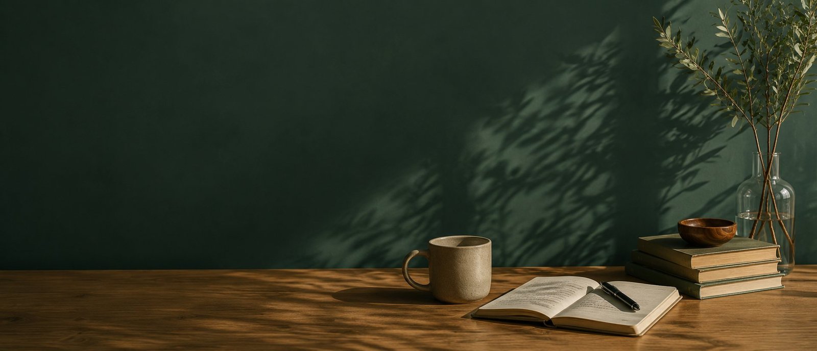 A quiet desk with an open journal, pen, and morning light