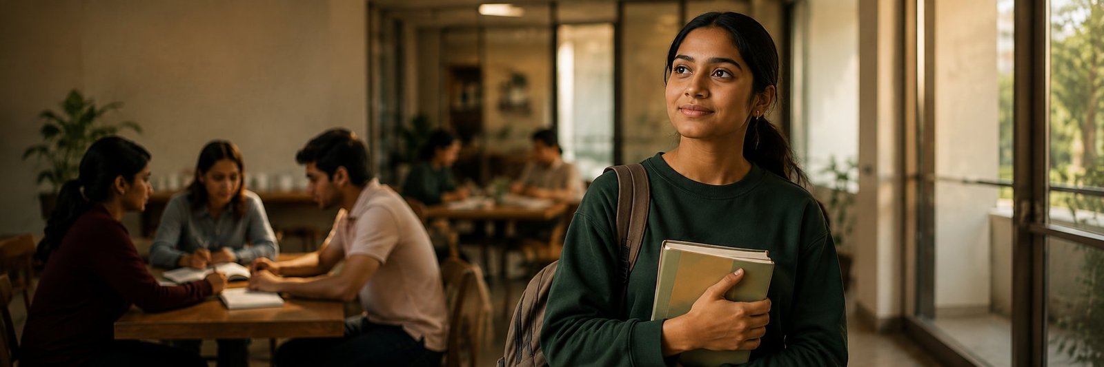 A scholarship student holding her books, looking ahead