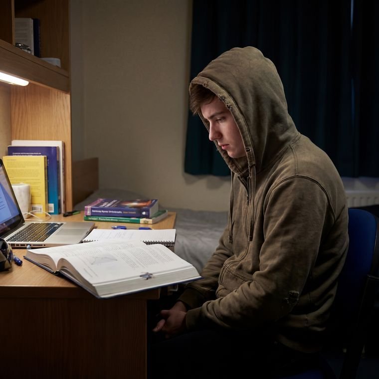 Student studying late at a desk