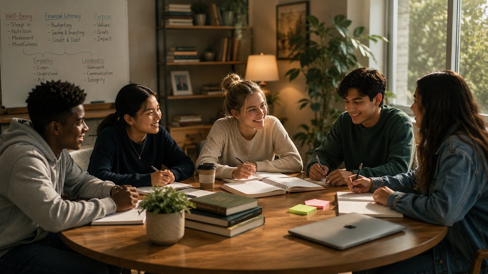 Students in discussion around a table with a life-skills framework on the board