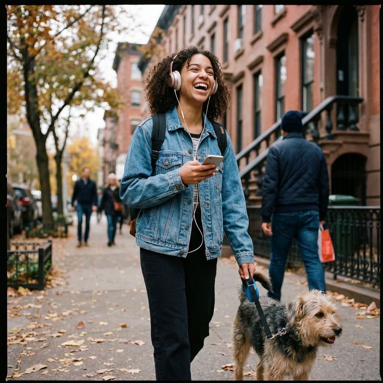 Young woman walking her dog in the city